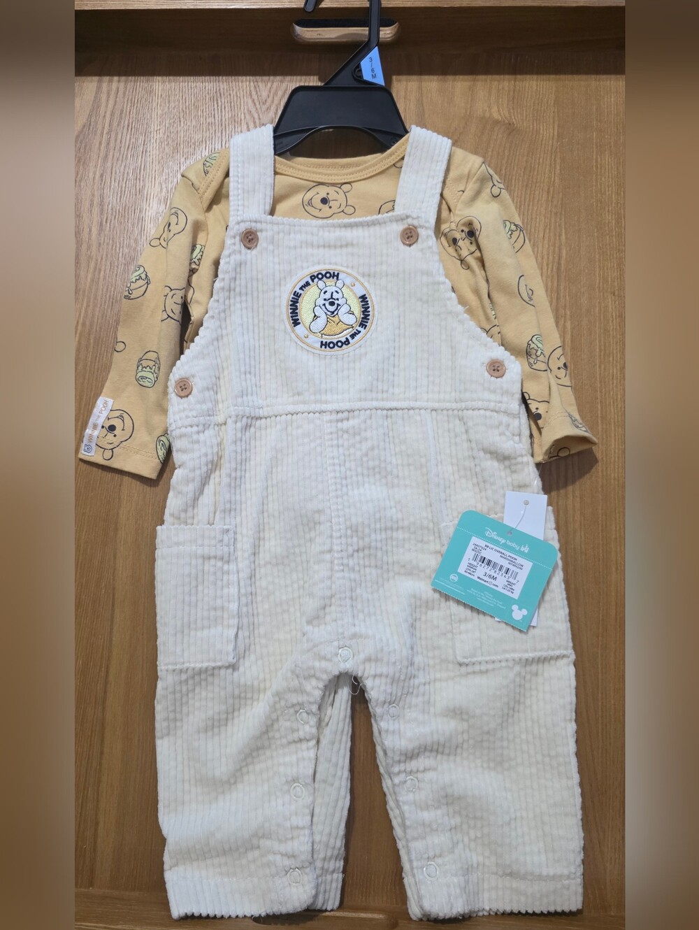 Disney Cream Corduroy Overalls with Yellow Pooh Print Top